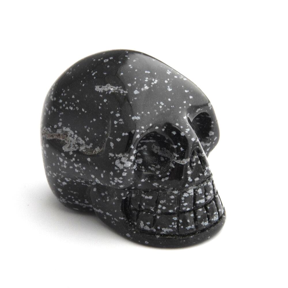 Snowflake Obsidian Skull Carving, Black Carved Volcanic Glass, Crystal